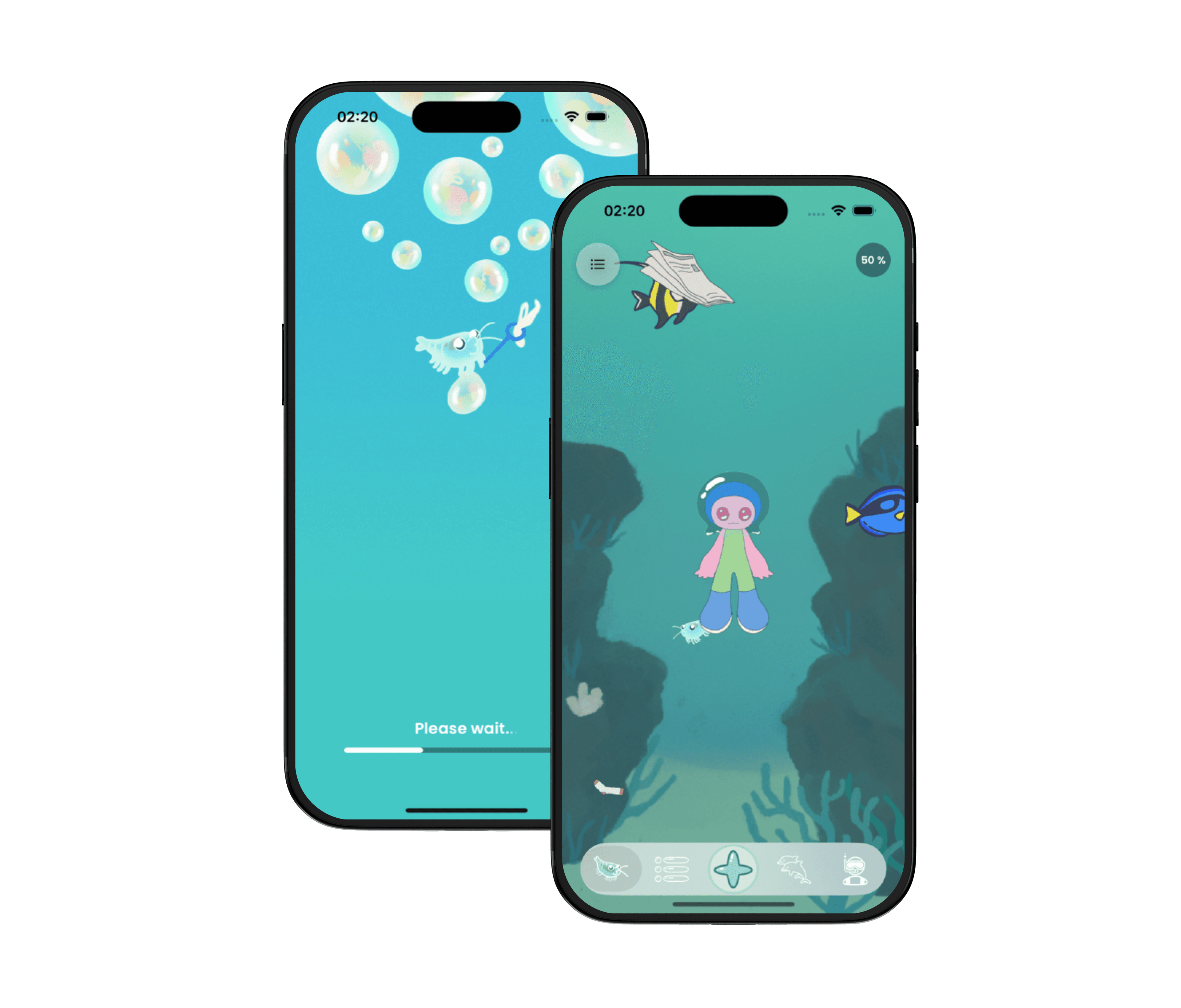 Krll's Home screen: adding a task fills your virtual ocean with pieces of trash.