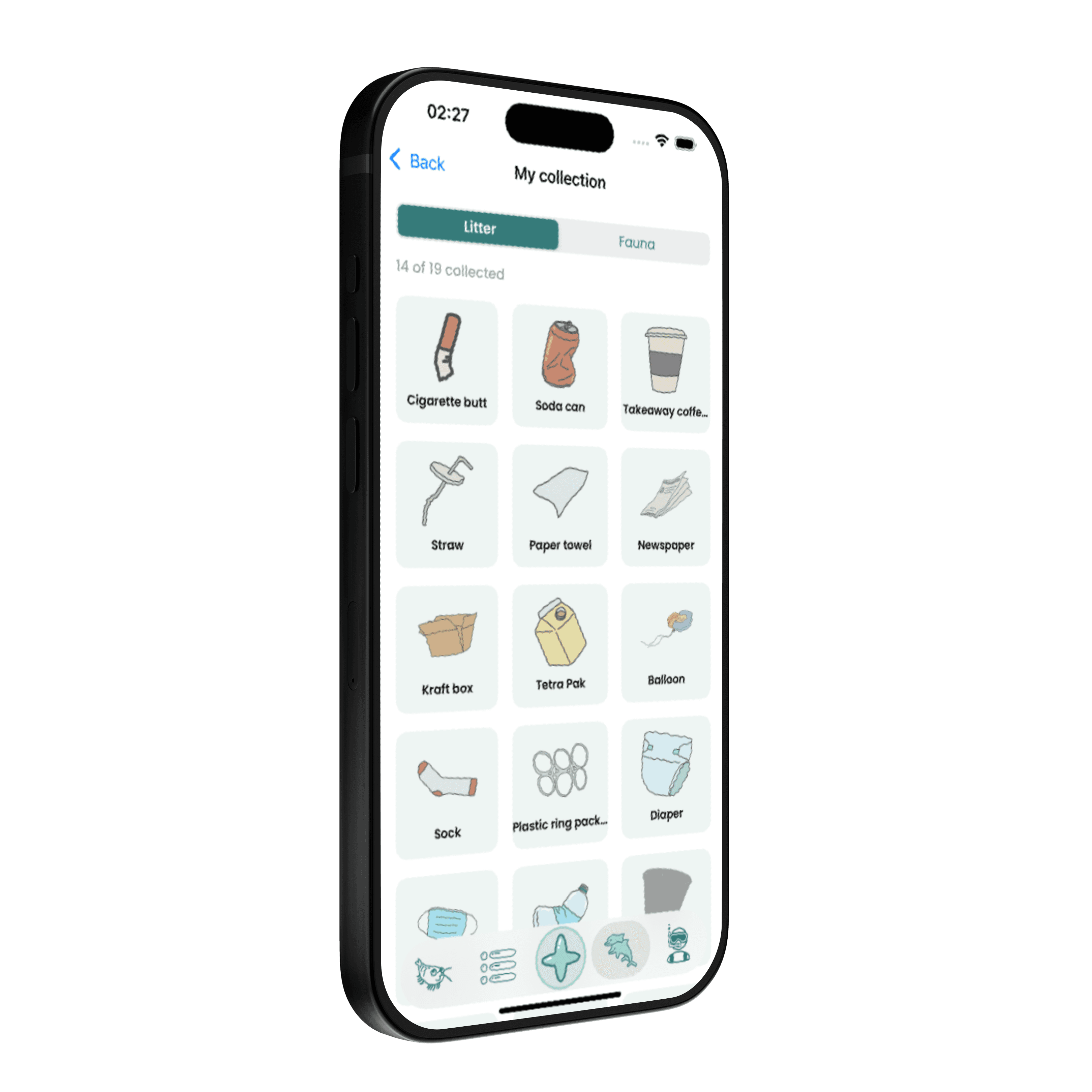 Krll's My Collection screen: a collected trash item with a fun fact about how long it takes to biodegrade.